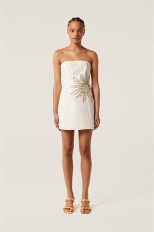 Taş İşlemeli Beyaz Mini Elbise