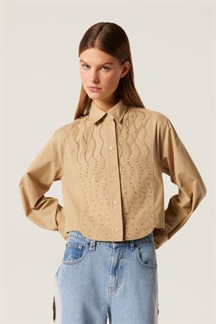 Taş İşlemeli Pamuk Crop Gömlek