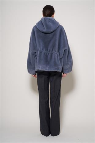 Mavi Kapüşonlu Suni Kürk Kaban