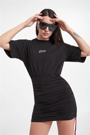 Siyah Drapeli Mini Elbise