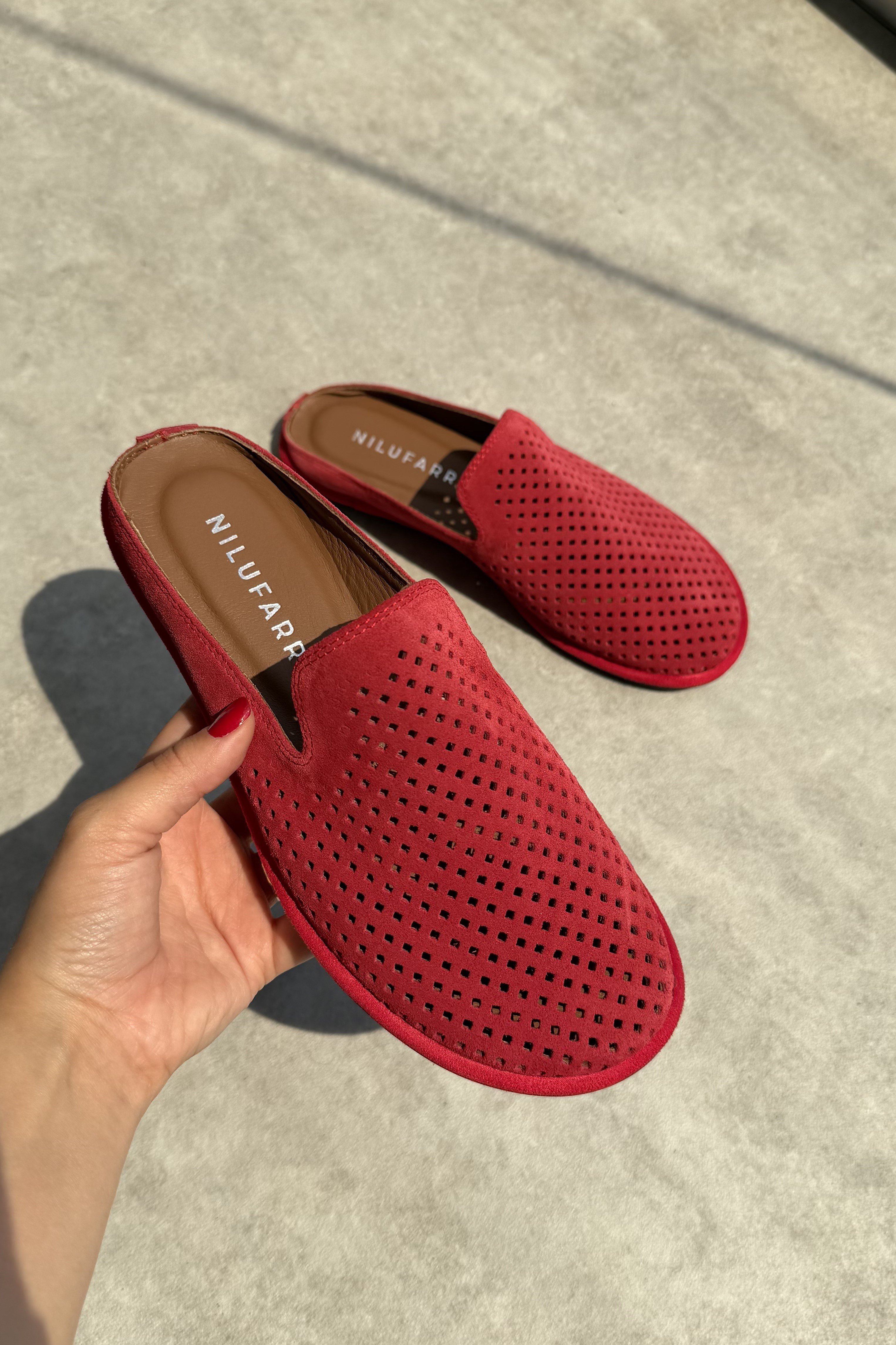 Alice Kırmızı Süet Hakiki Deri Düz Terlik