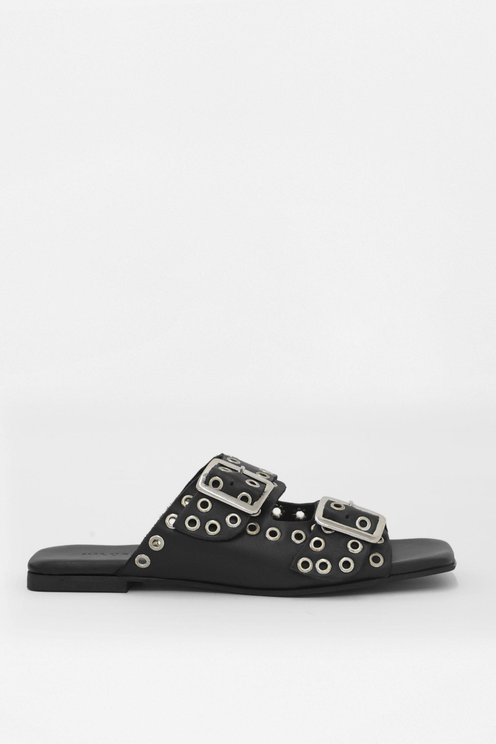 Block Black Genuine Leather Womens Slippers with Belt