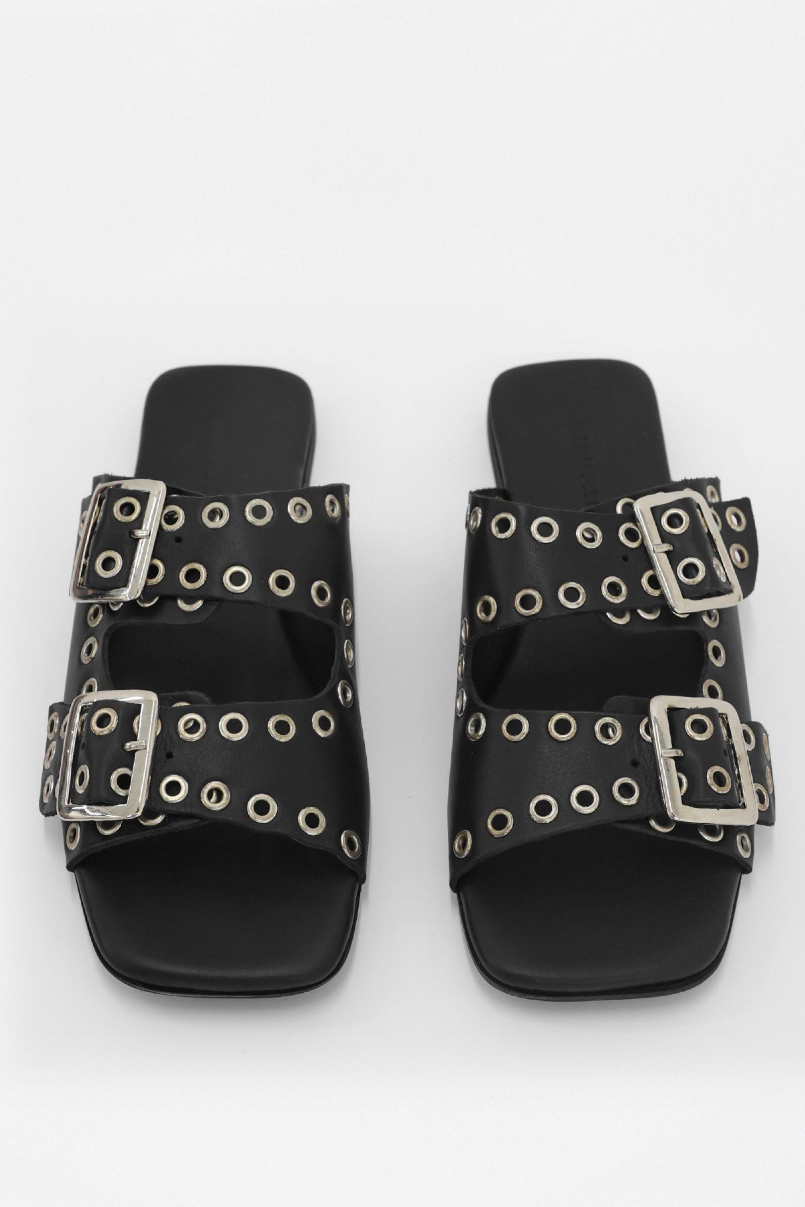 Block Black Genuine Leather Womens Slippers with Belt