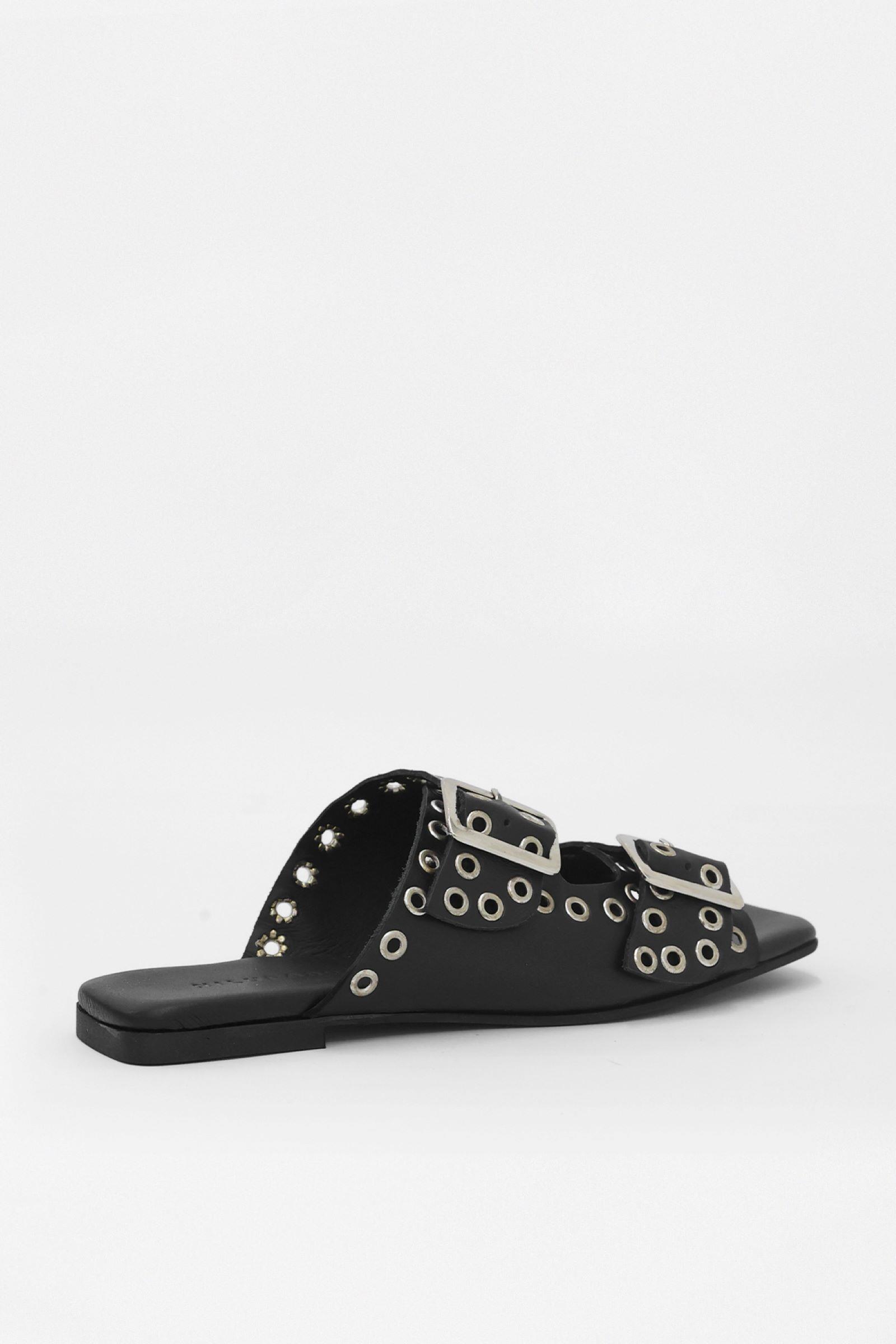 Block Black Genuine Leather Womens Slippers with Belt