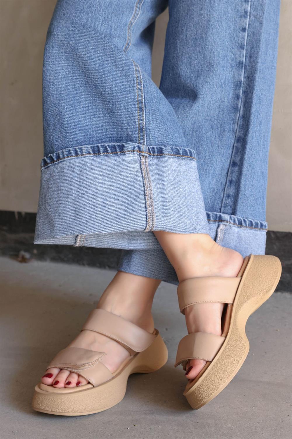 Flora Beige Genuine Leather Womens Slippers