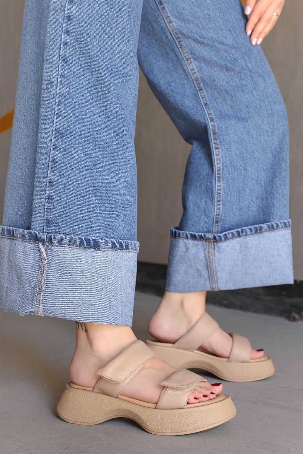 Flora Beige Genuine Leather Womens Slippers