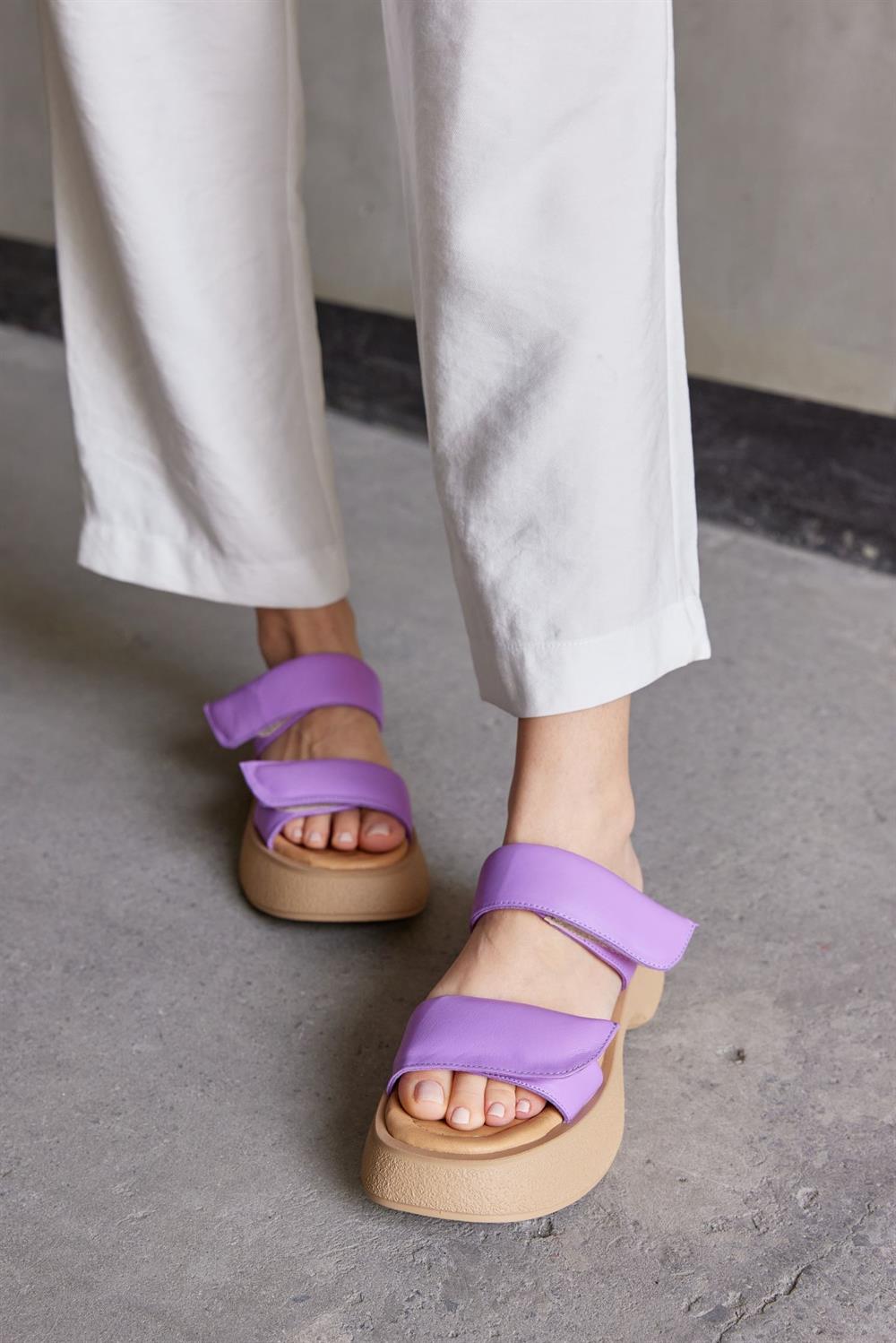 Flora Lilac Genuine Leather Banded Womens Slippers