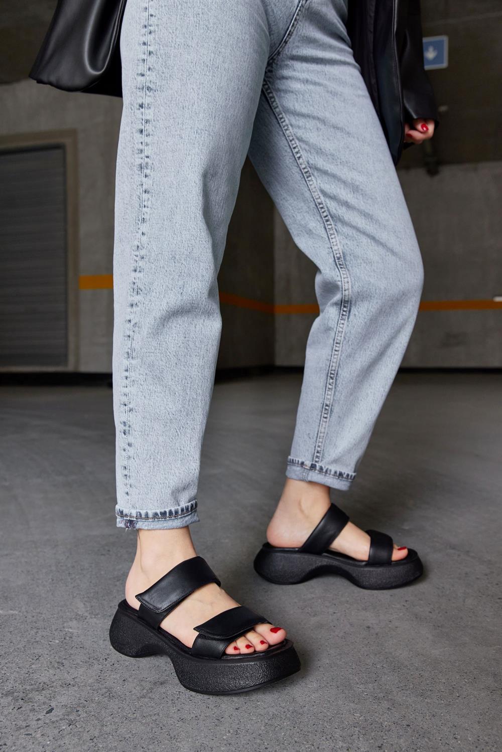 Flora Black Genuine Leather Banded Womens Sandals Slippers