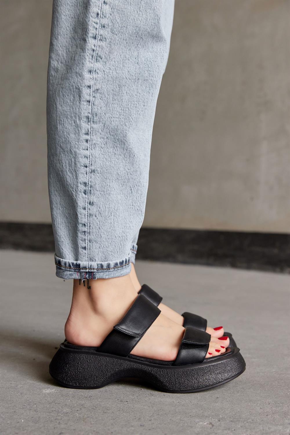 Flora Black Genuine Leather Banded Womens Sandals Slippers