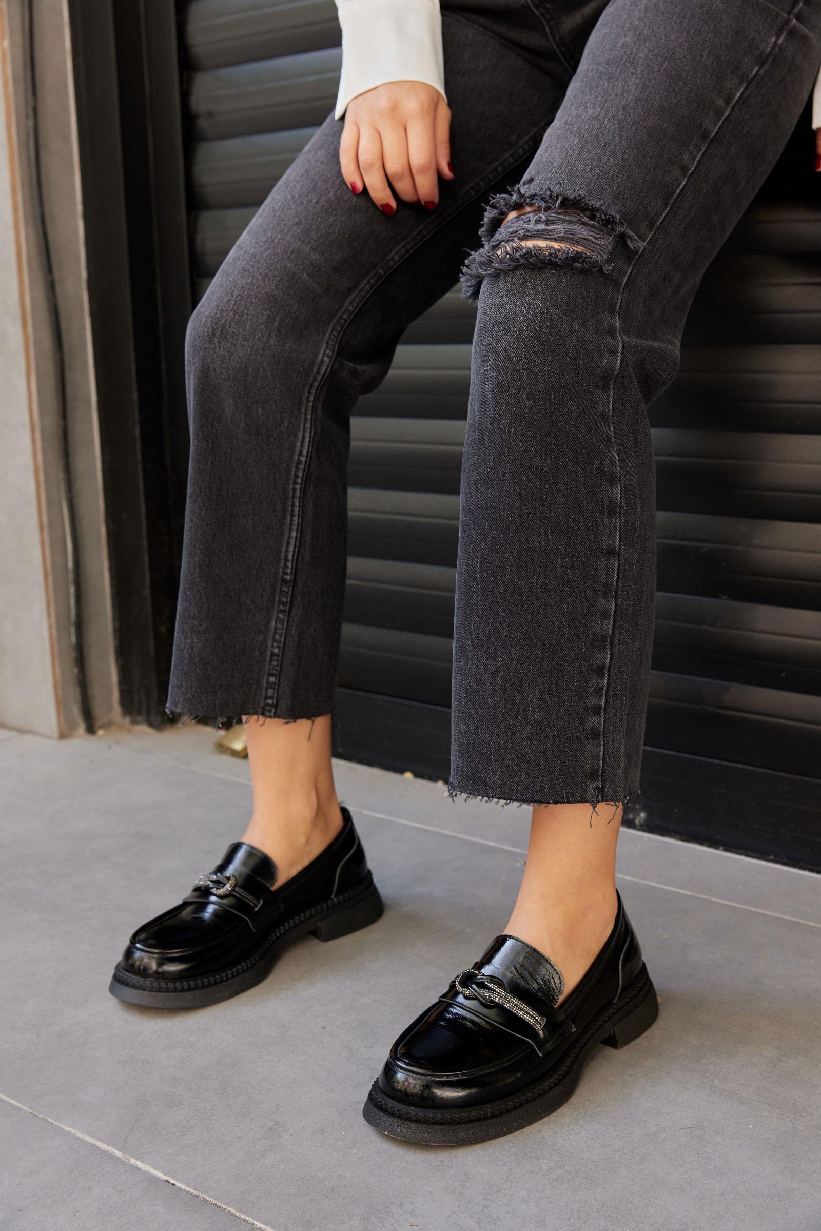 Gigi Black Genuine Patent Leather Stoned Womens Loafer