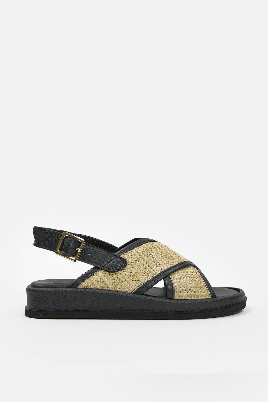 Honey Siyah Hakiki Deri Hasır Bantlı Kadın Sandalet 
