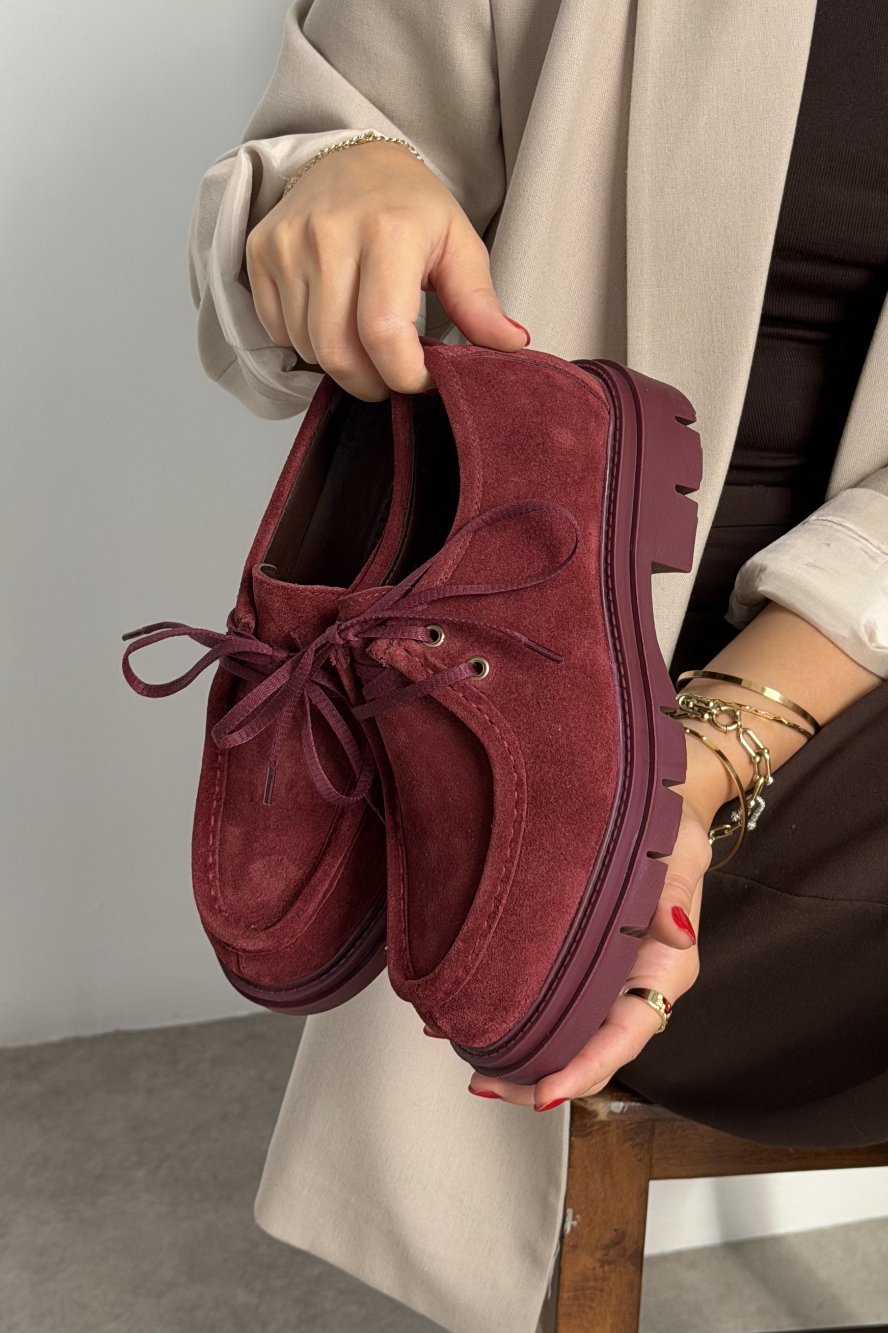 İsabella Bordo Süet Hakiki Deri Kadın Loafer Ayakkabı