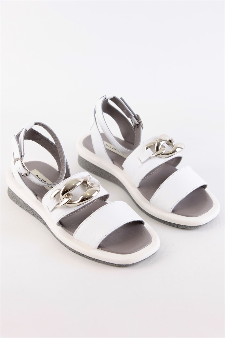 Lera White Leather Silver Chain Accessory Sandals