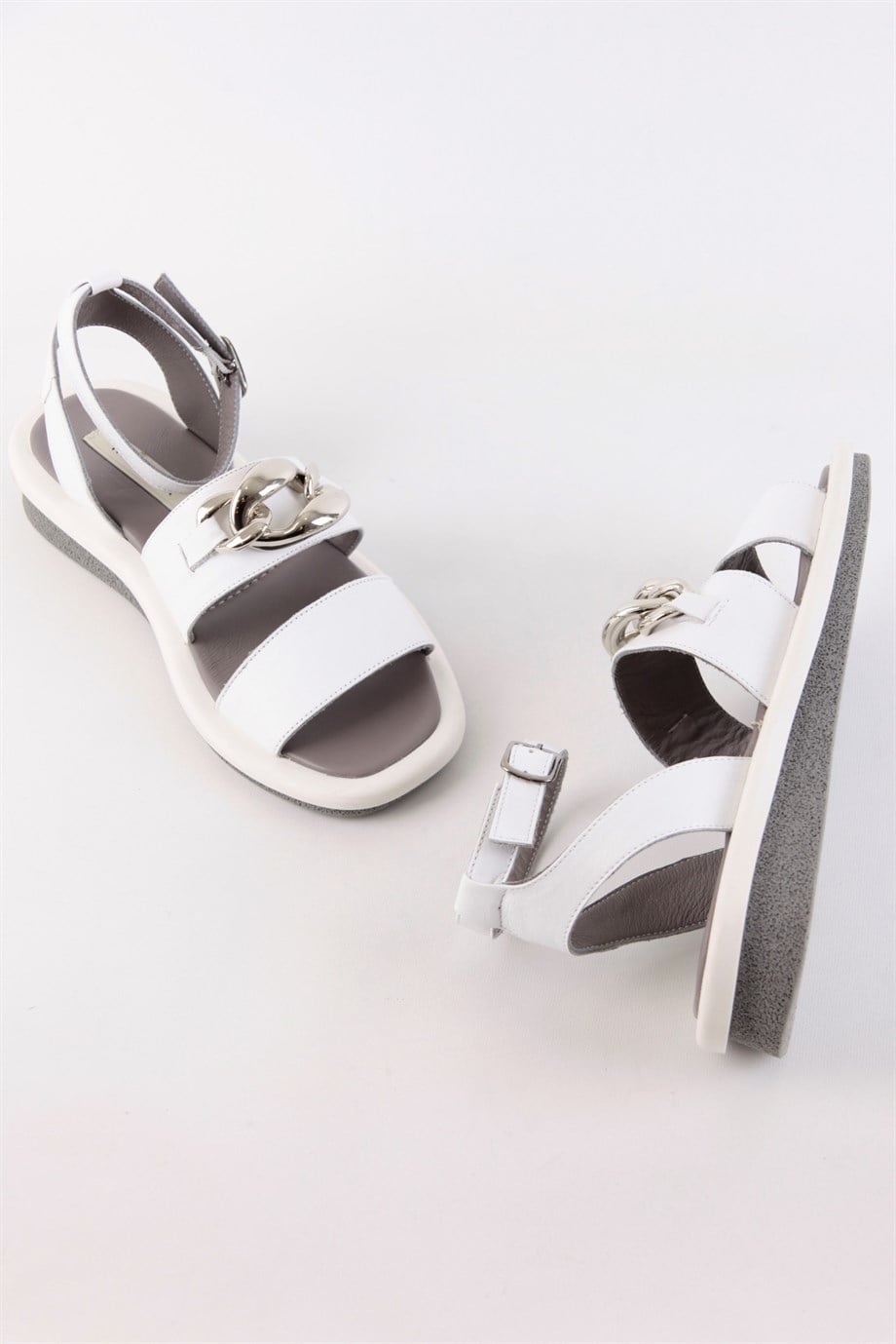 Lera White Leather Silver Chain Accessory Sandals