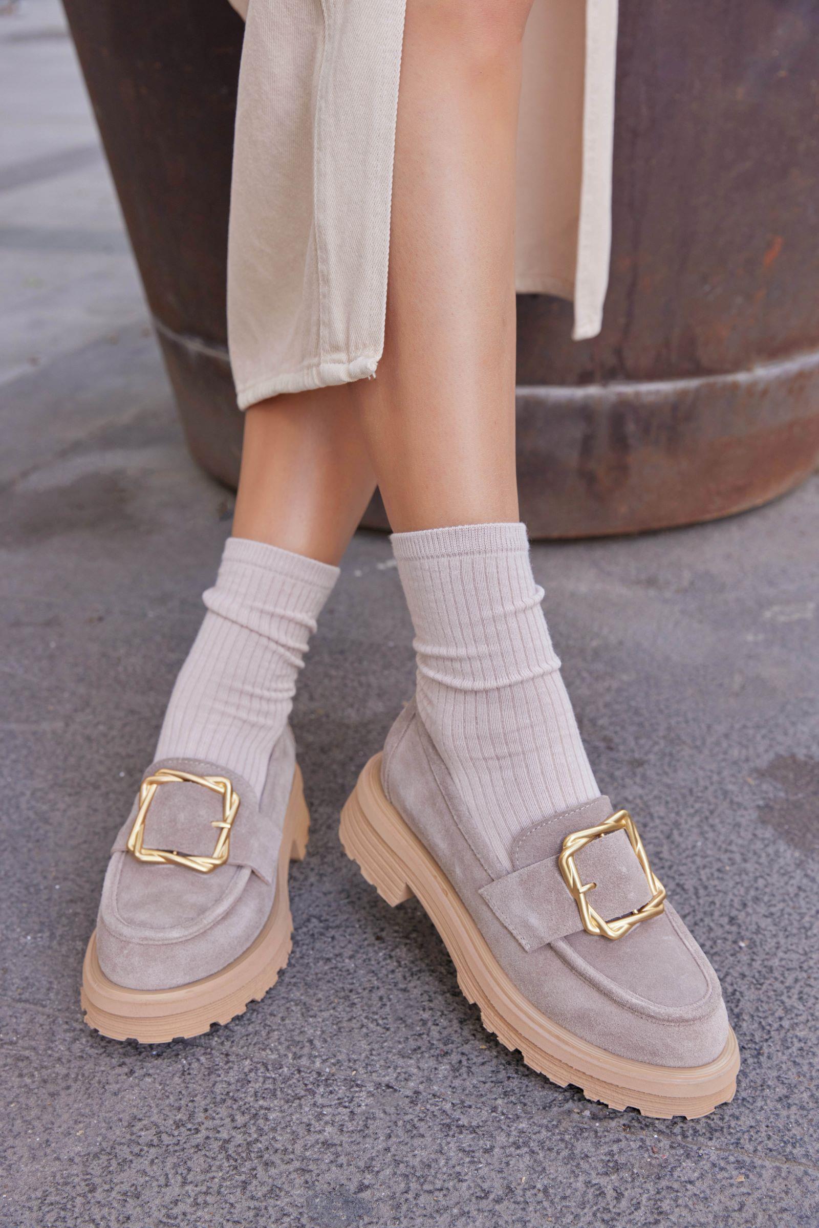 Maggie Beige Suede Genuine Leather Womens Loafer with Gold Buckle