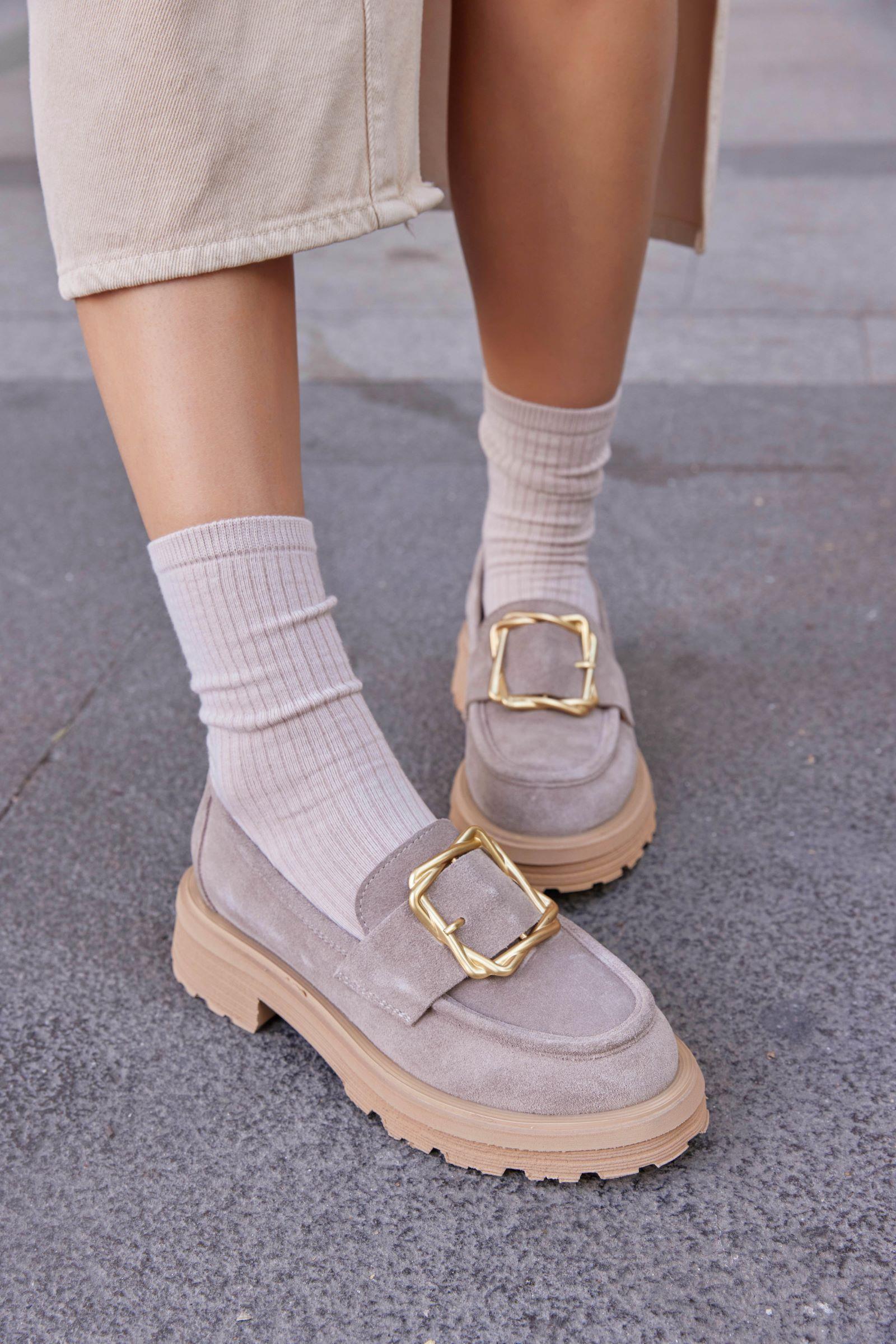 Maggie Beige Suede Genuine Leather Womens Loafer with Gold Buckle