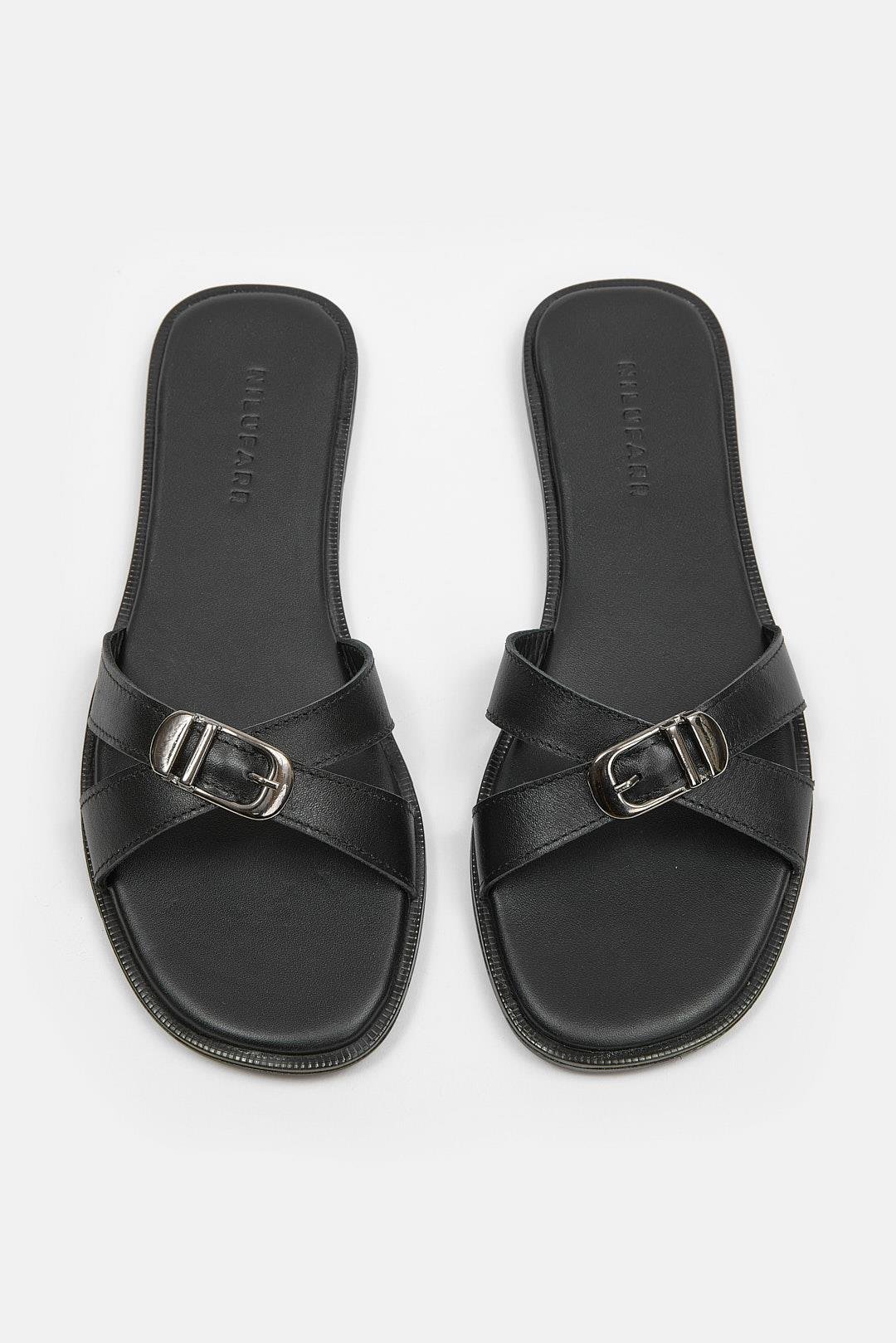 Mazzeo Siyah Hakiki Deri Kadın Terlik