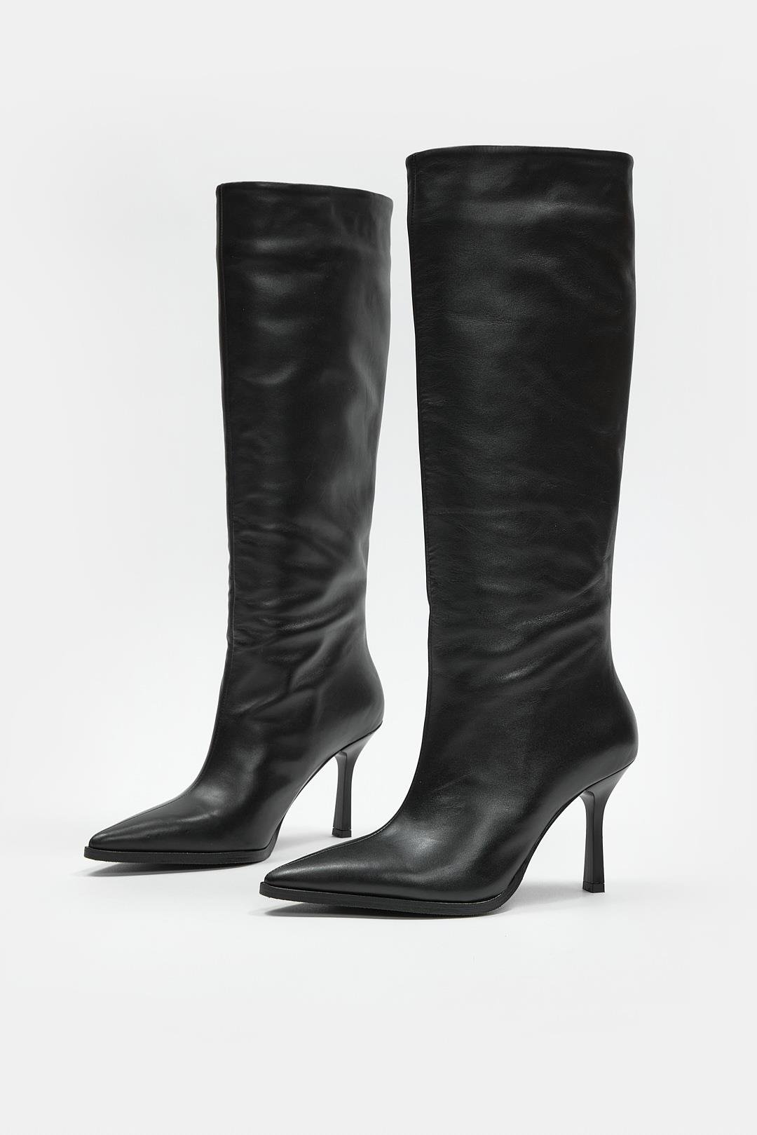 Melodi Siyah Hakiki Deri Topuklu Çizme