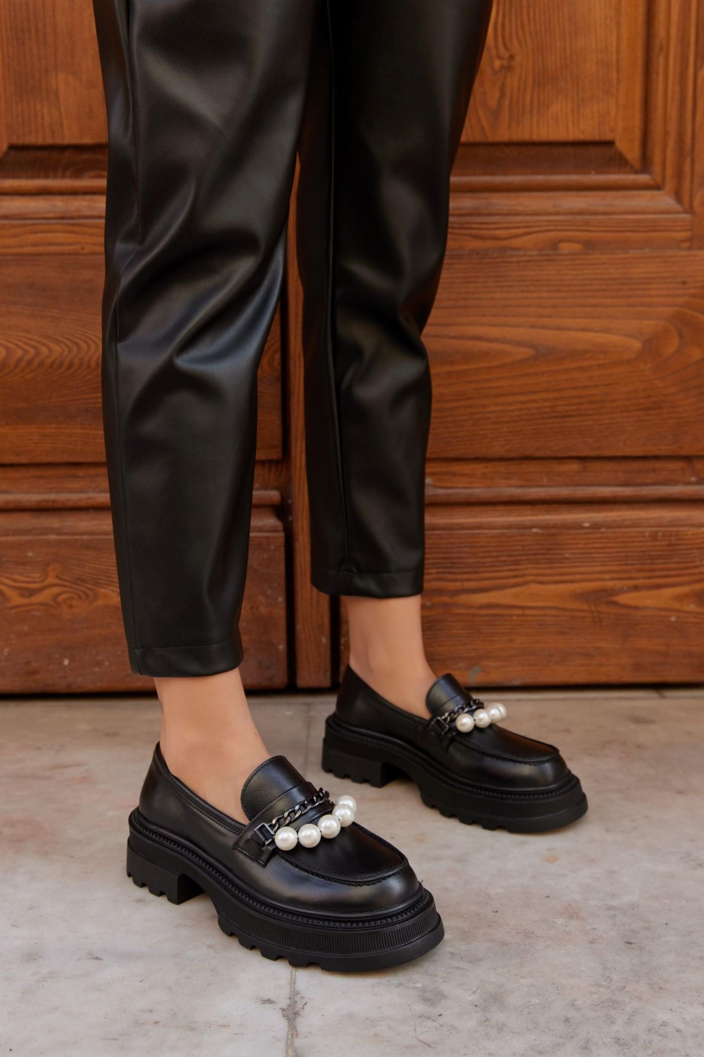 Mermaid Black Genuine Leather Womens Loafer with Pearl Accessories