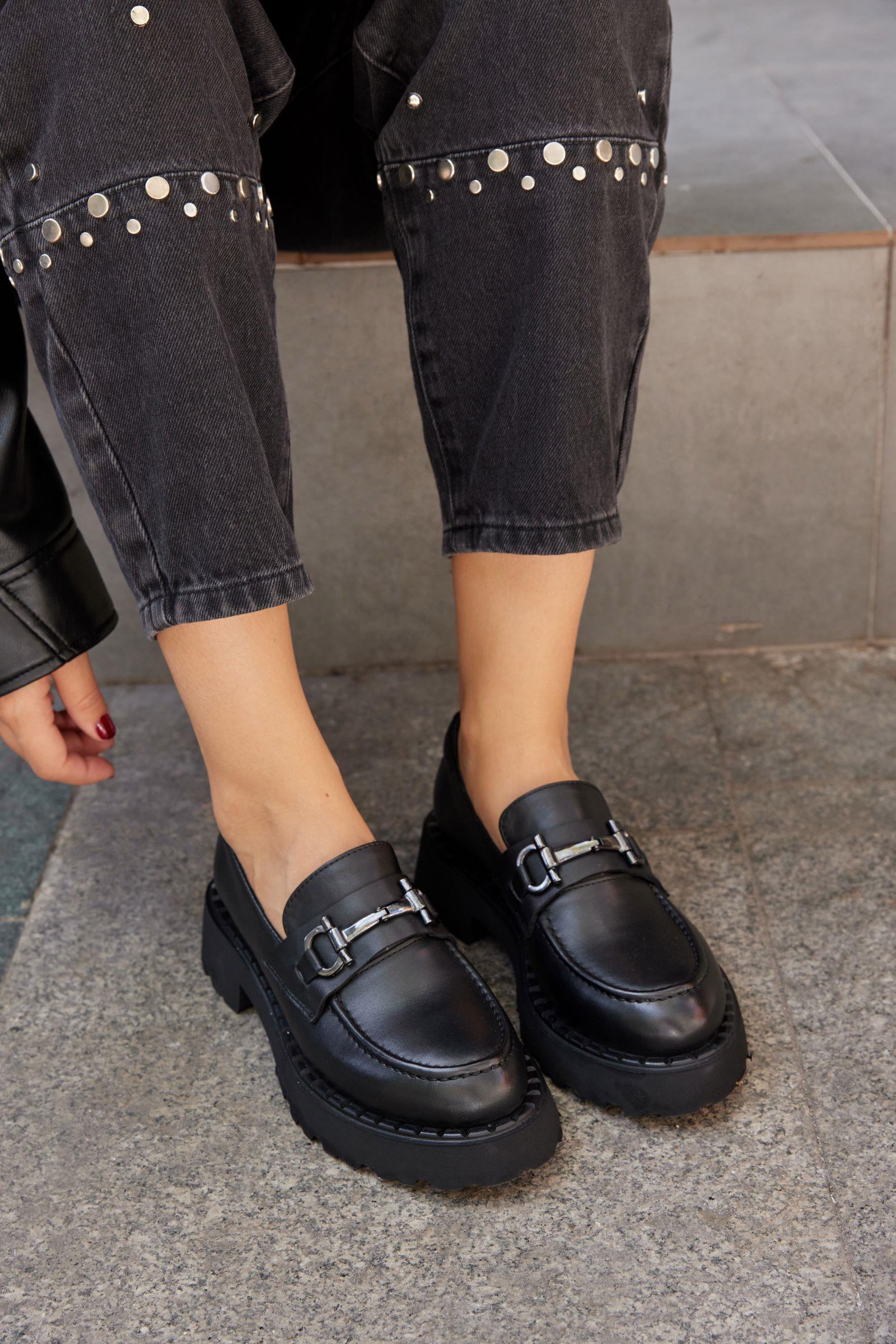 Ossy Siyah Hakiki Deri Kadın Loafer