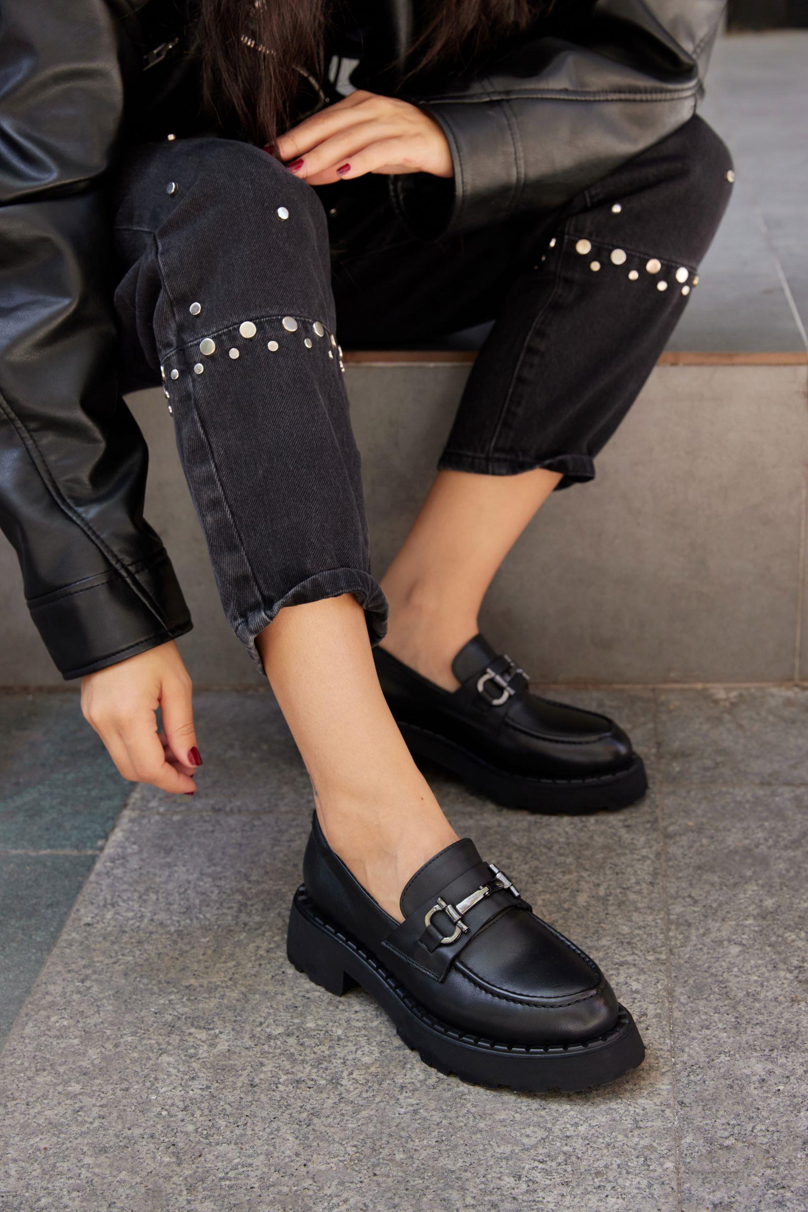 Ossy Black Genuine Leather Womens Loafer