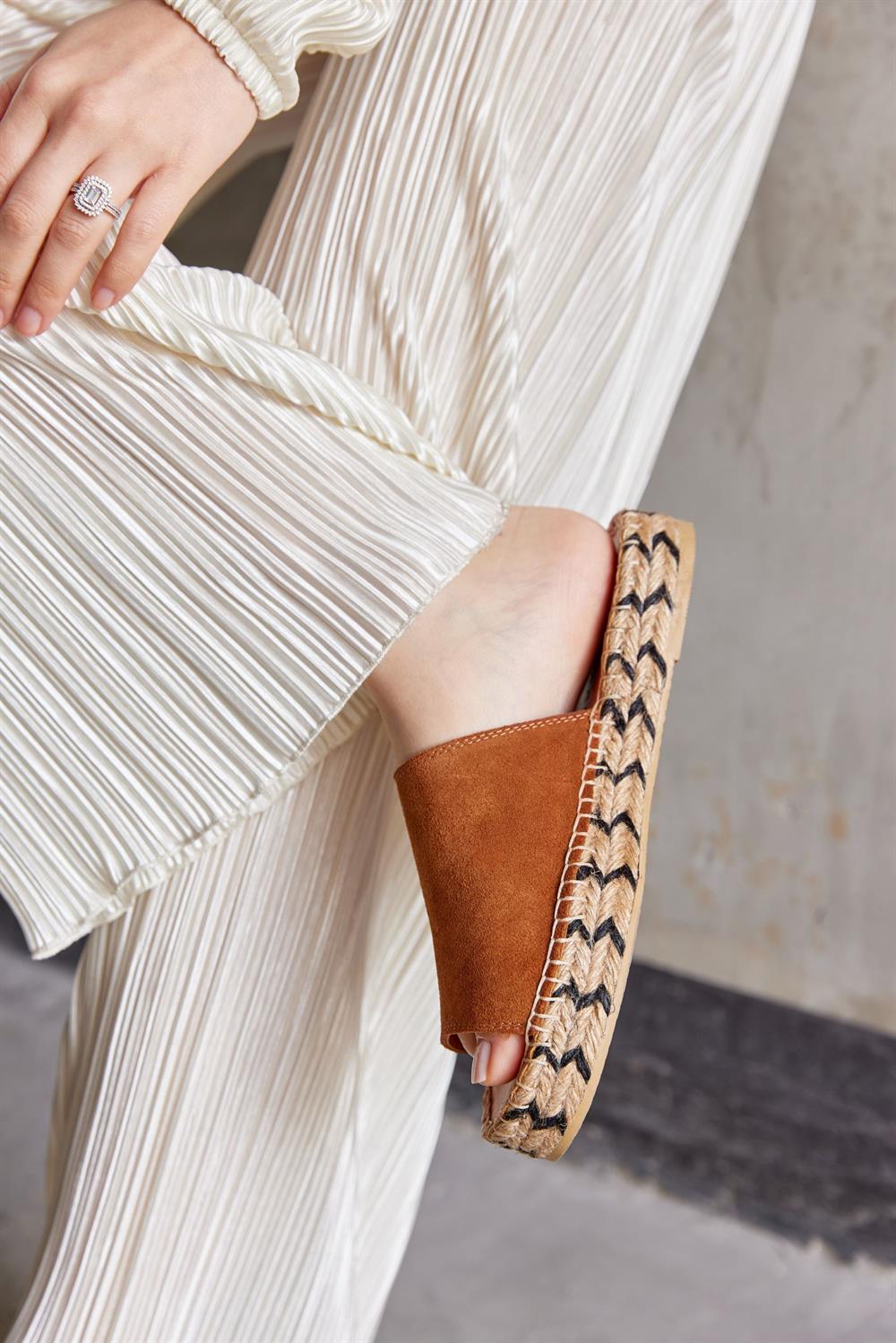 Pera Taba Süet Hakiki Deri Kadın Espadril Terlik