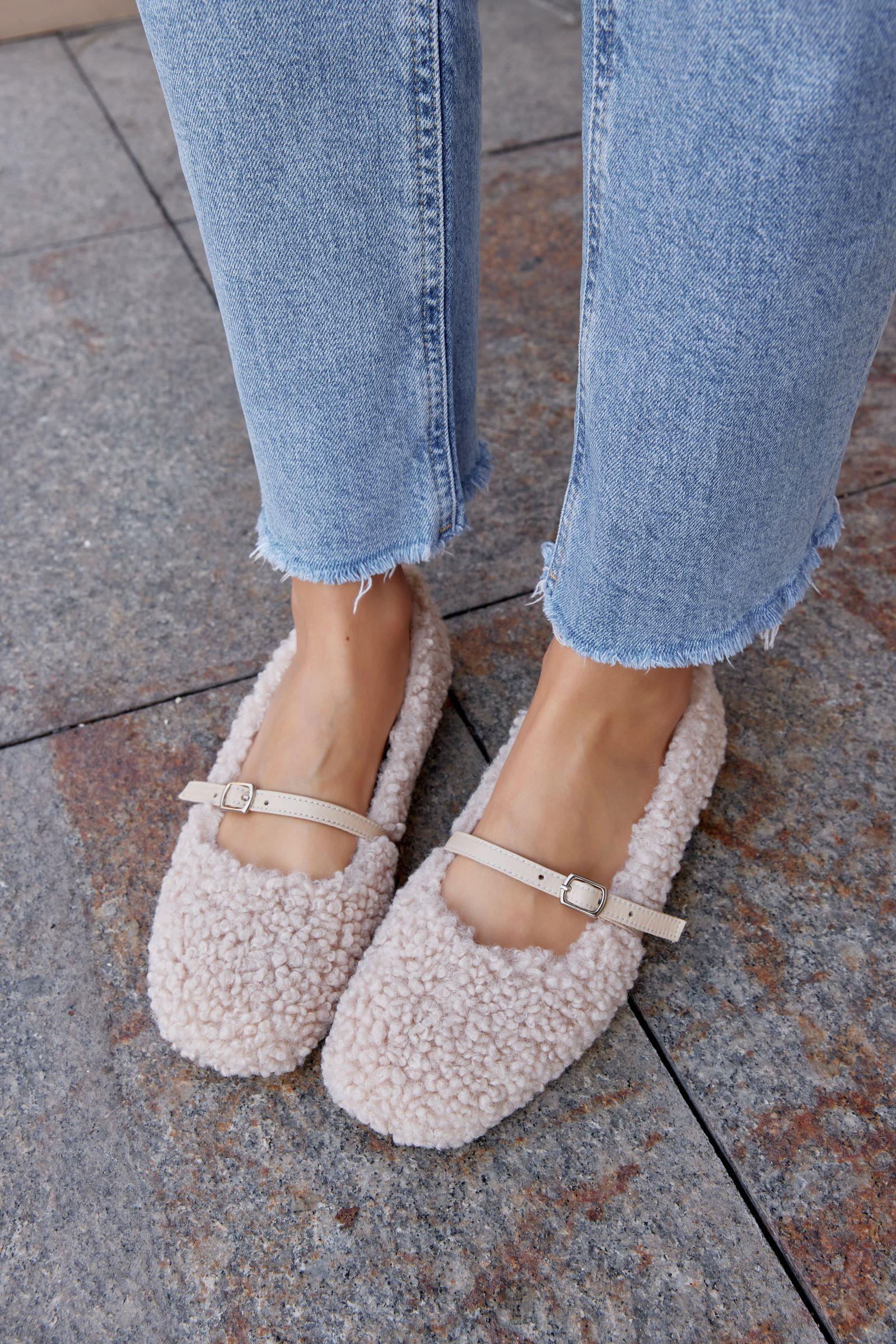 Poffy Beige Genuine Leather Womens Ballerinas