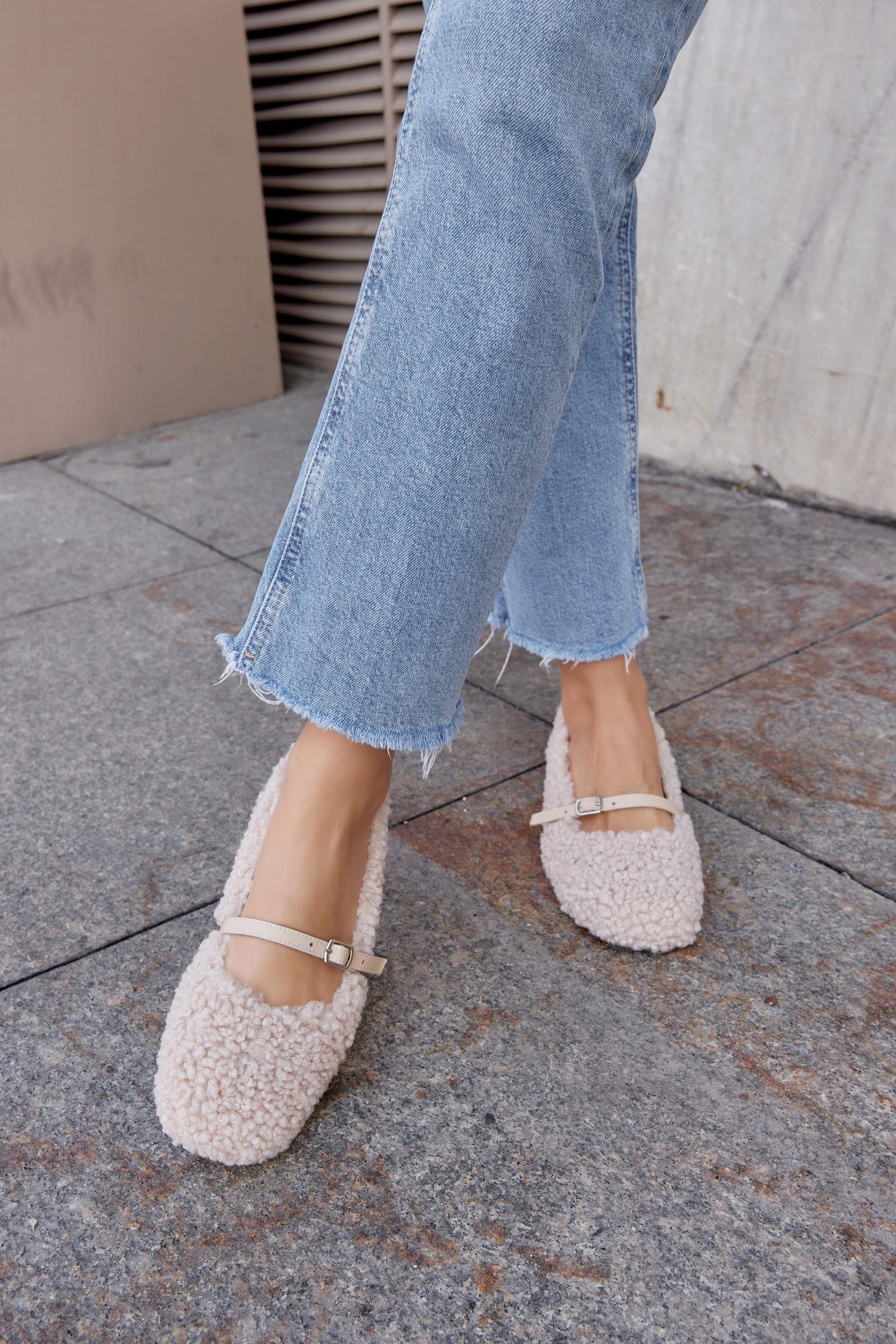 Poffy Beige Genuine Leather Womens Ballerinas