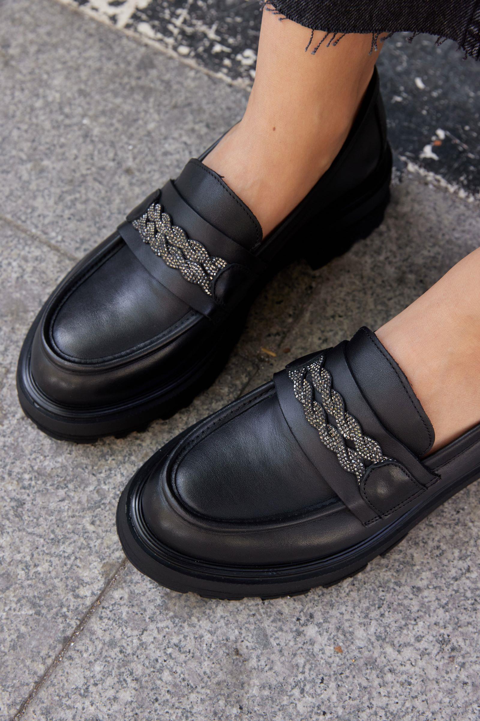 Pula Black Genuine Leather Stoned Womens Loafer