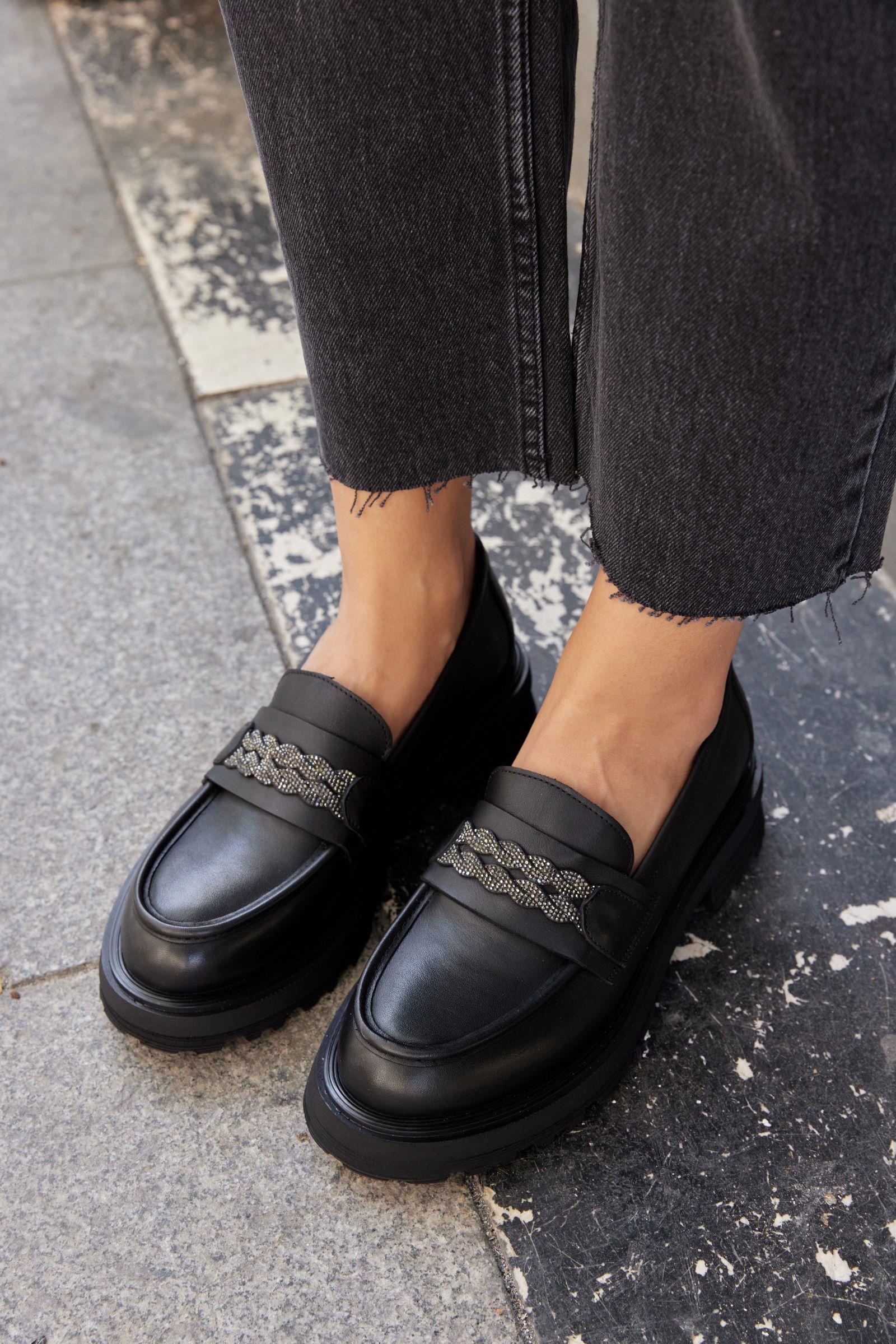Pula Black Genuine Leather Stoned Womens Loafer