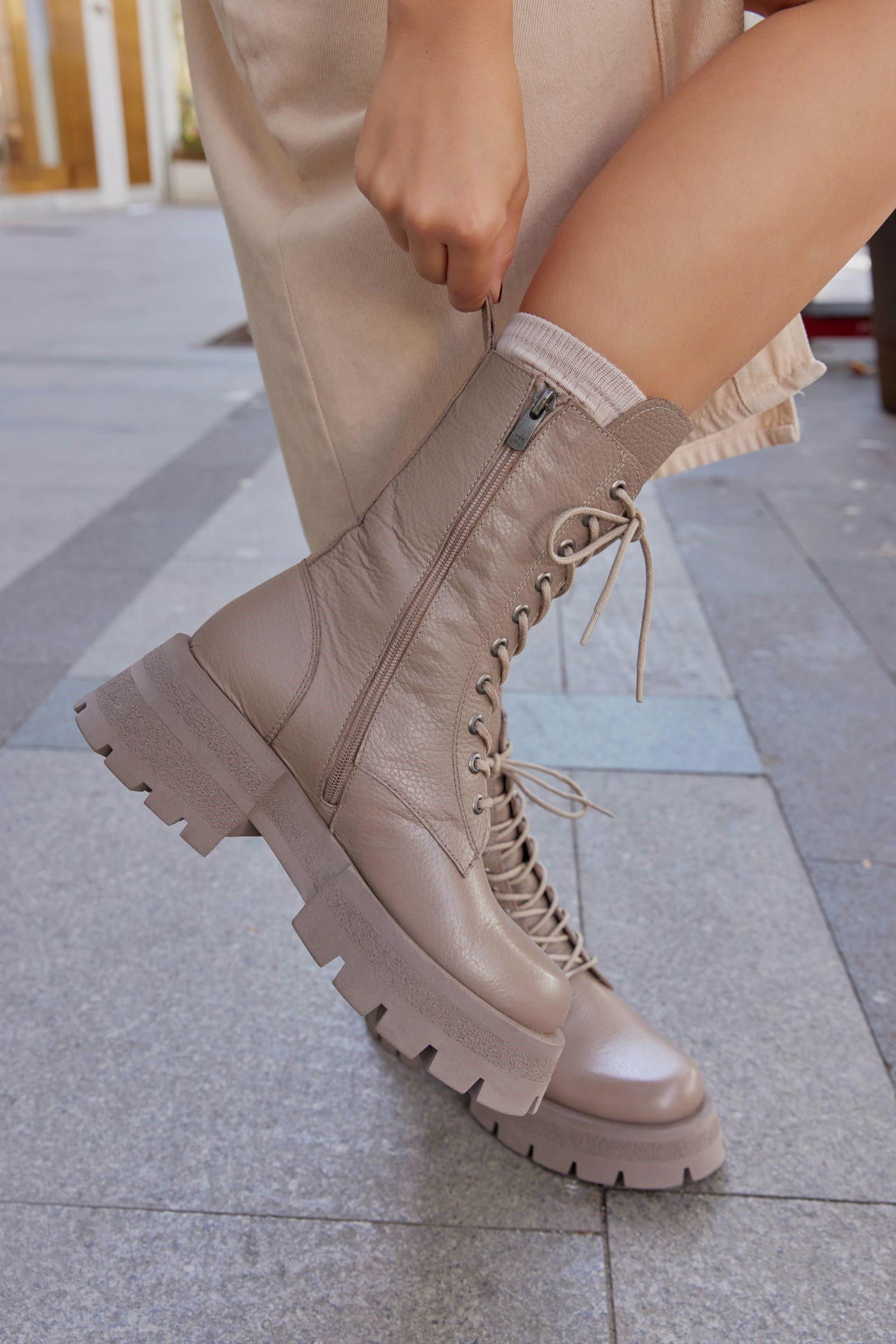 Rody Taupe Genuine Leather Thick Soled Womens Boots