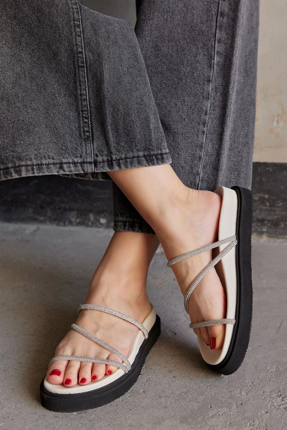 Shiny White Genuine Leather Stone Womens Slippers