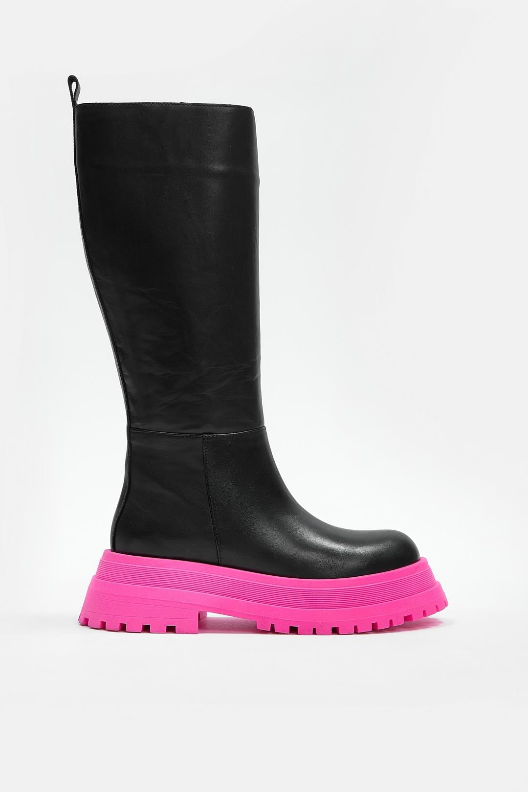 Vanessa Siyah Hakiki Deri Pembe Kalın Tabanlı Kadın Çizme