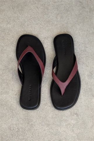 Babe Bordo Siyah Hakiki Deri Parmak Arası Terlik