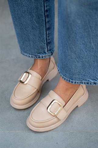 Balerine Nude Genuine Leather Womens Loafer with Gold Buckle