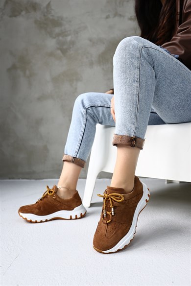 Comfort Brown Suede Leather Womens Sneakers