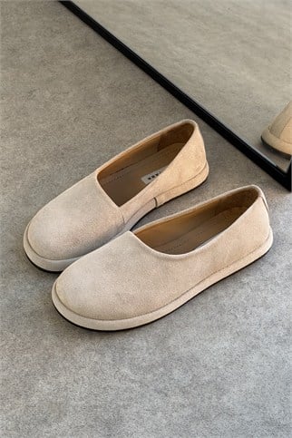 Femme Bej Süet Hakiki Deri Kadın Loafer Ayakkabı