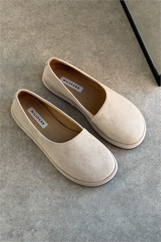 Femme Bej Süet Hakiki Deri Kadın Loafer Ayakkabı