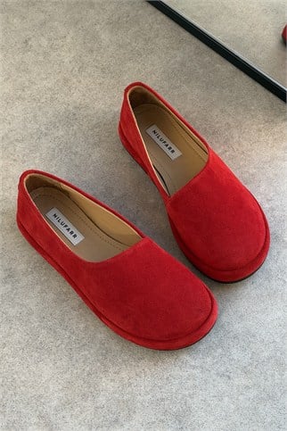 Femme Kırmızı Süet Hakiki Deri Kadın Loafer Ayakkabı