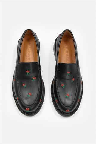 Florianna Siyah Hakiki Deri Kadın Loafer