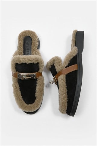 Jelly Siyah Süet Hakiki Deri Kürklü Terlik