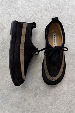 Lotus Siyah Süet Hakiki Deri Kadın Loafer Ayakkabı