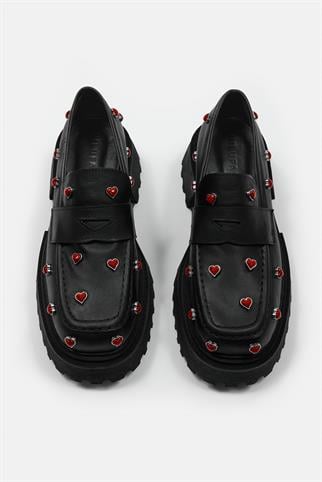 Love Siyah Hakiki Deri Kalın Tabanlı Kadın Loafer