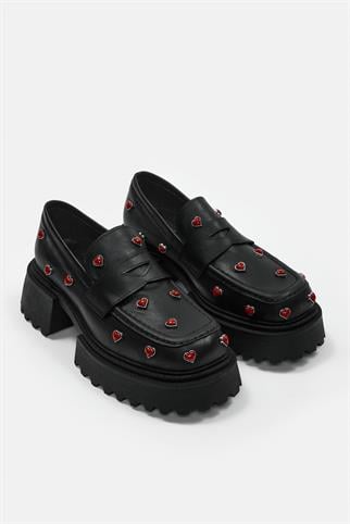 Love Siyah Hakiki Deri Kalın Tabanlı Kadın Loafer