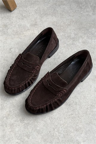 Mante Acı Kahve Süet Hakiki Deri Kadın Loafer Ayakkabı