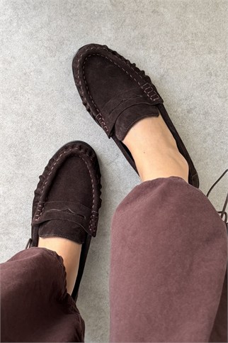 Mante Acı Kahve Süet Hakiki Deri Kadın Loafer Ayakkabı
