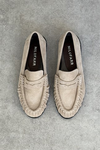 Mante Bej Süet Hakiki Deri Kadın Loafer Ayakkabı