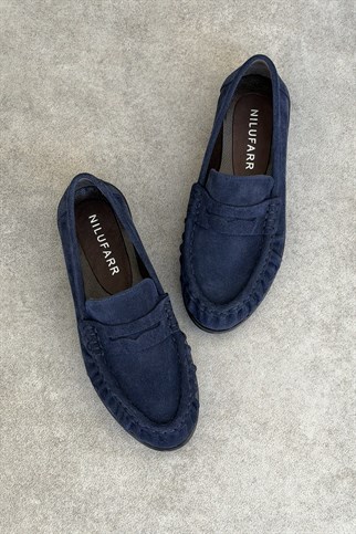 Mante Lacivert Süet Hakiki Deri Kadın Loafer Ayakkabı