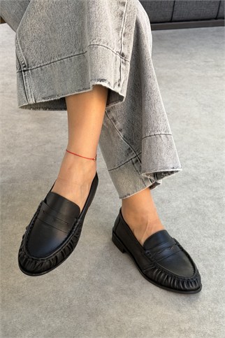 Mante Siyah Hakiki Deri Kadın Loafer Ayakkabı