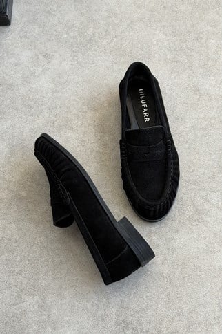 Mante Siyah Süet Hakiki Deri Kadın Loafer Ayakkabı